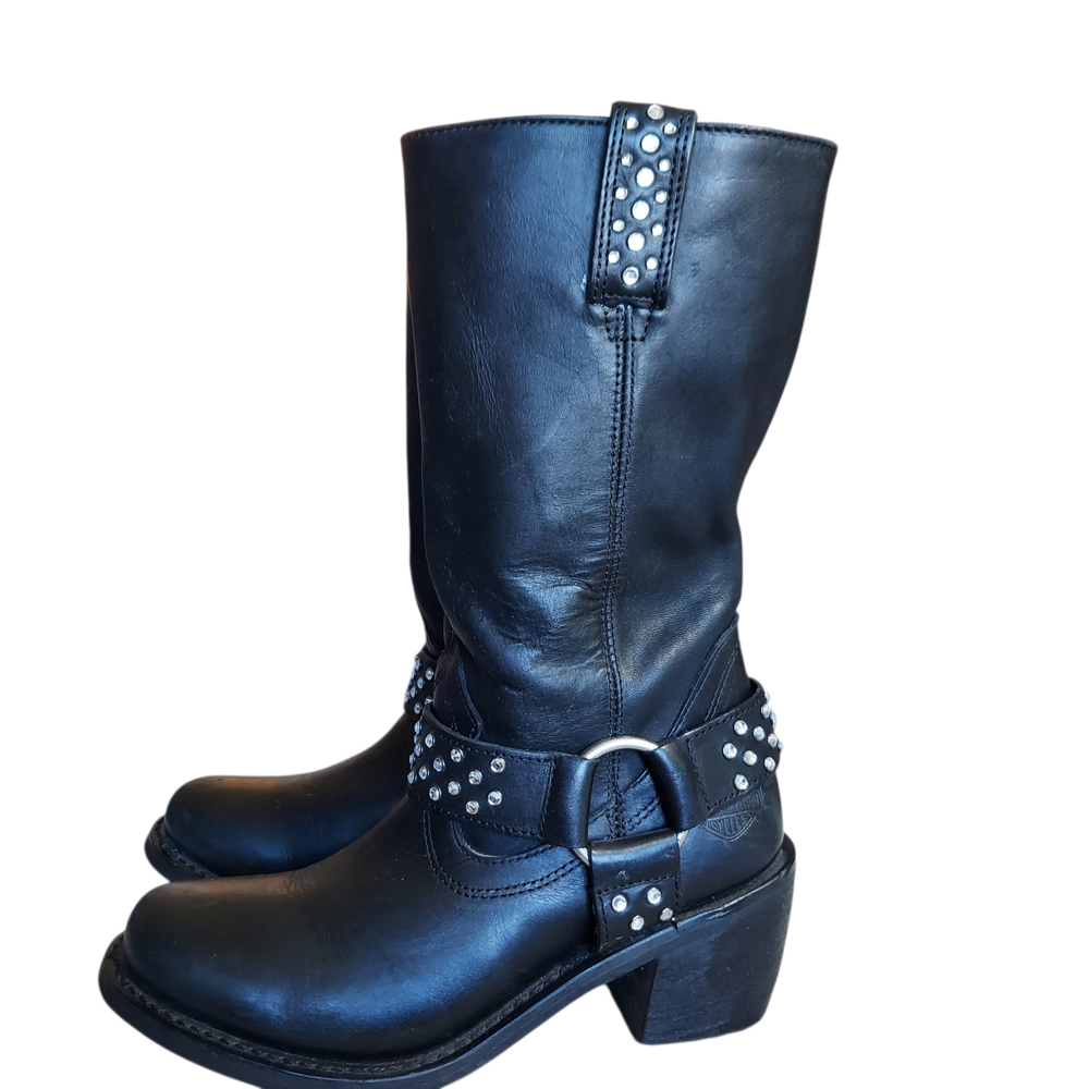 Harley-Davidson Studded Harness Motorcycle Boots Black Leather Mid Calf 7 - Picture 3 of 10